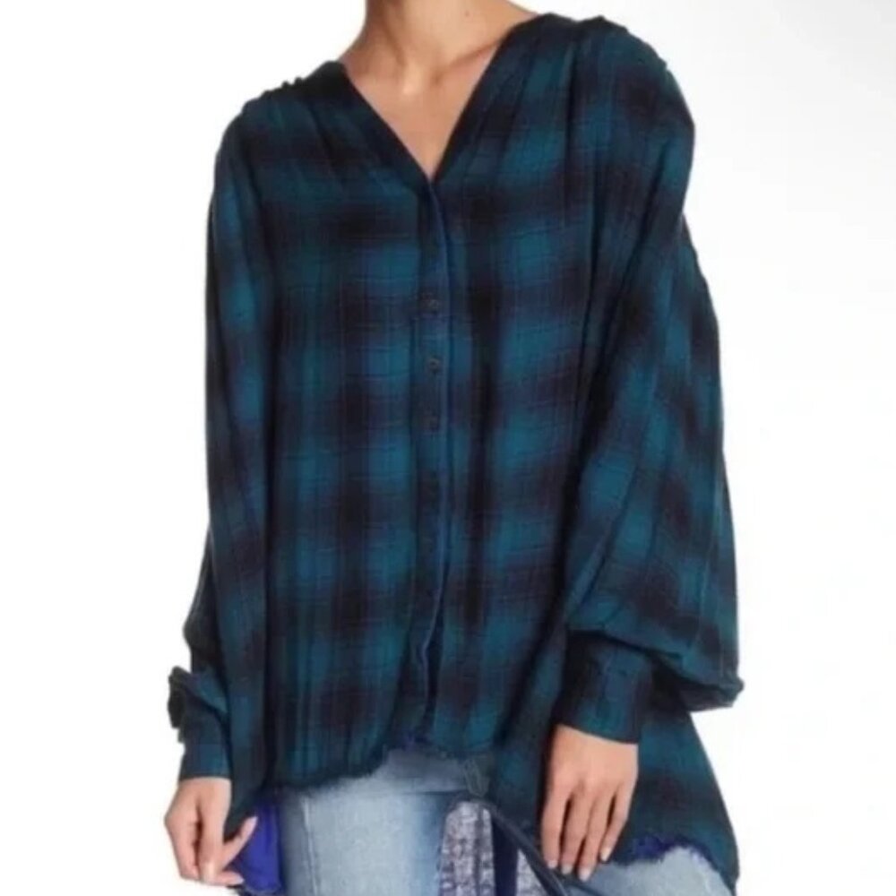 FREE PEOPLE Come On Over Plaid Tunic Button Pleated Fray Tag size XS